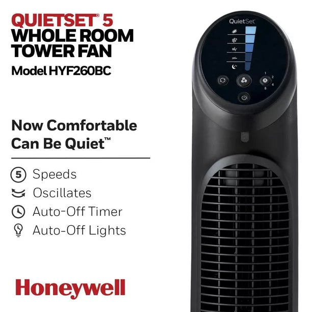 Honeywell Quiet Set 5-Speed Oscillating Tower Fan - 40" - Black