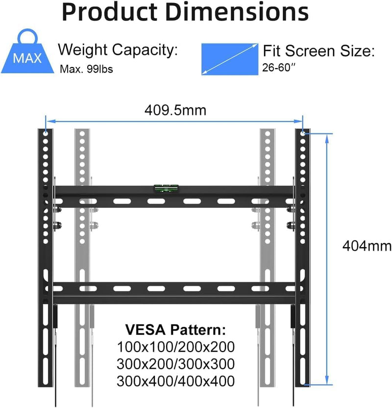 Suptek Tilt TV Wall Mount Bracket for Most 26-60 inch LED, LCD and Plasma TV, Mount with Max 400x400mm VESA and 99lbs Loading Capacity, Fits Studs 16" Apart, Low Profile with Bubble Level
