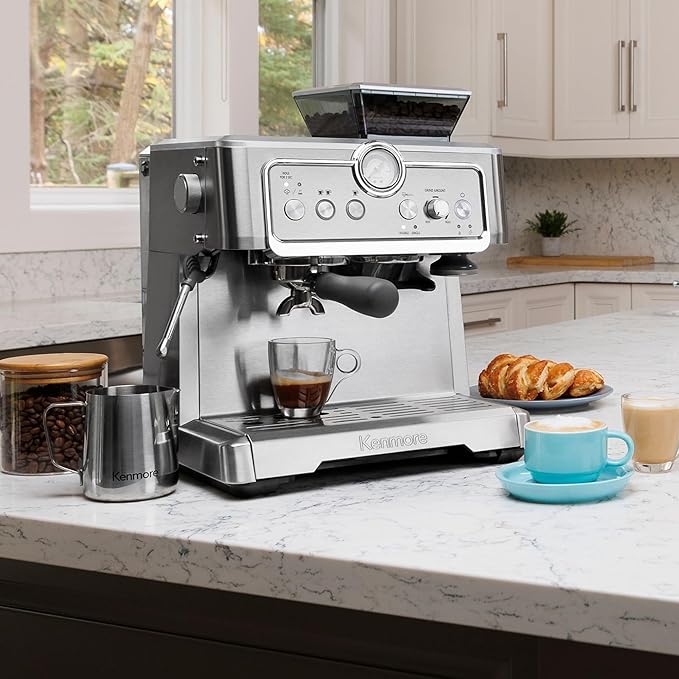 Kenmore Espresso Machine – Semi Automatic Coffee Maker With Manual Tamper, Auto Cleaning, Milk Steamer & Frother, Bean Grinder, Make Professional Barista Style Cappuccino, Café Latte, Stainless Steel