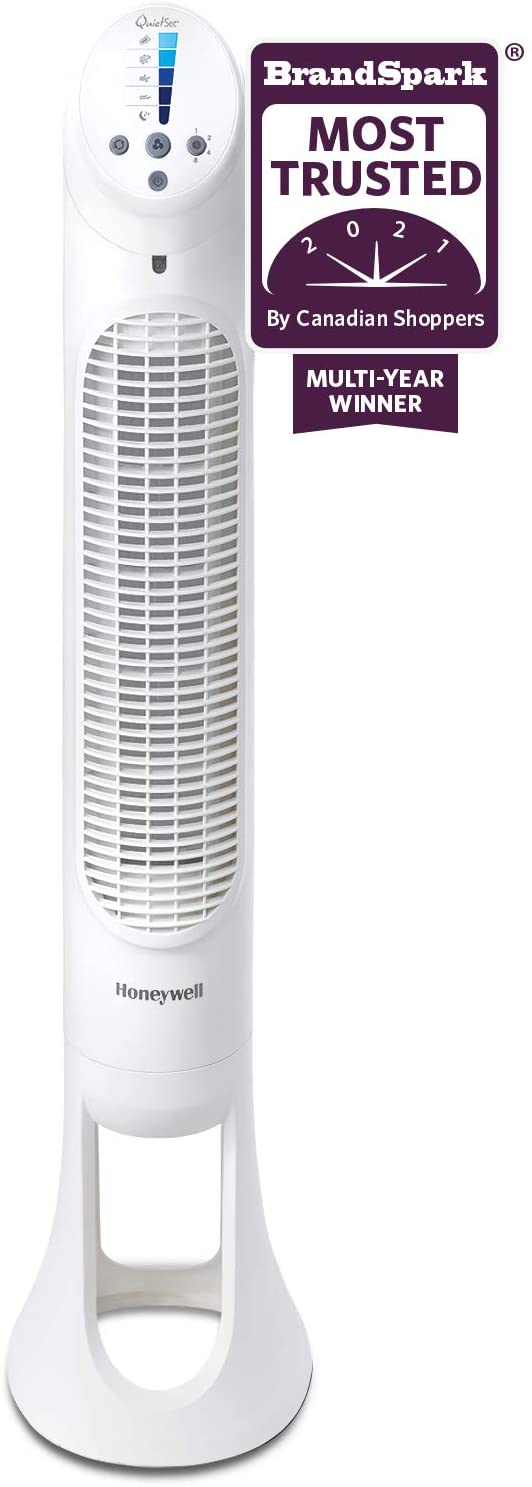 Honeywell HYF260WC QuietSet 40 inch hole Room Tower Fan, White, with Oscillation, Remote Control,slim profile,Auto-dim Lights